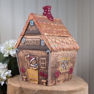Gingerbread House Cookie Jar Ceramic Folk Art Whimsical Kitsch Decor